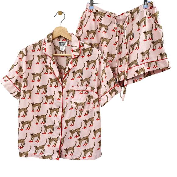 Bouffants & Broken Hearts Pink Animal Leopard Red Stilettos Print Pajama Set - Picture 1 of 6